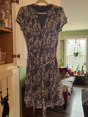 Roz & Ali Navy Blue and White Floral Midi Wrap Dress